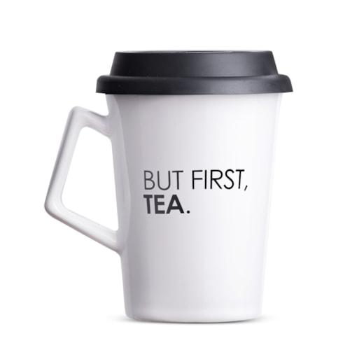 Caneca de Cerâmica com Tampa But First Tea Moncloa Branco 300ml Caneca de Cerâmica com Tampa But First Tea Moncloa Branco 300ml